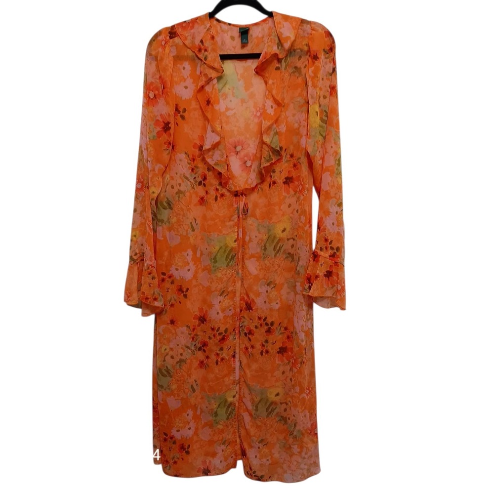 Wild Fable Kimono Duster M Orange‎ Sheer Floral Ruffle Boho Lightweight